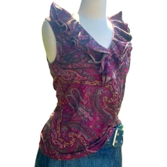 RALPH LAUREN Paisley Ruffle V-Neck Top - Purple - Picture 1 of 7